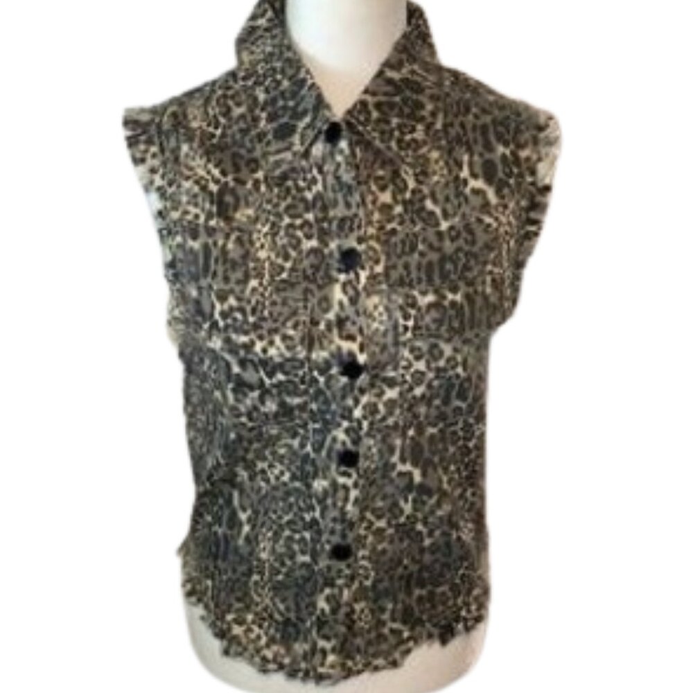 English Rose animal print snap front cotton vest with beaded collar size M/L